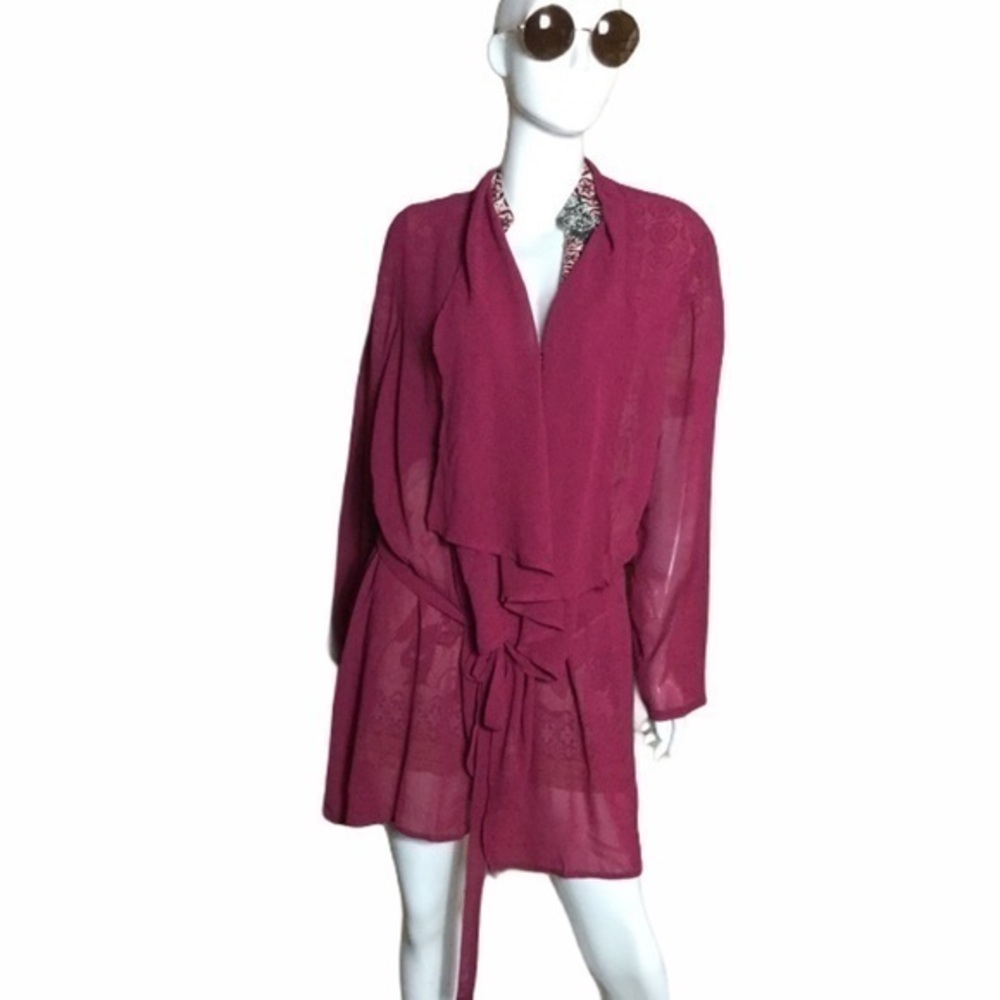 Sheer Wine Chiffon Beach Cover-Up Tie-Front Kimono Women’s 1XL
